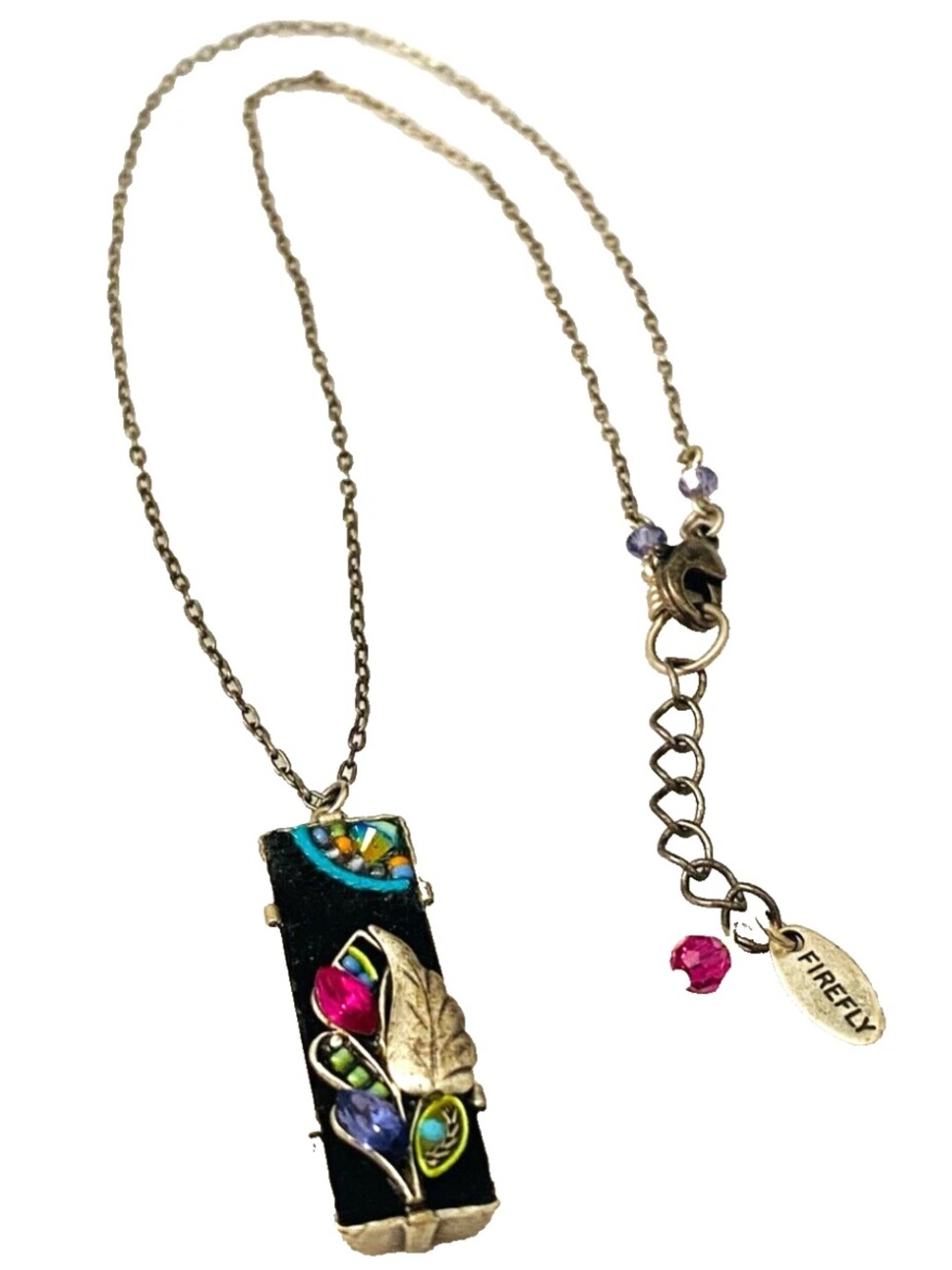 FIREFLY Mosaic Swarovski Crystal RECTANGLE LEAF Colorful Pendant Necklace 16-17"